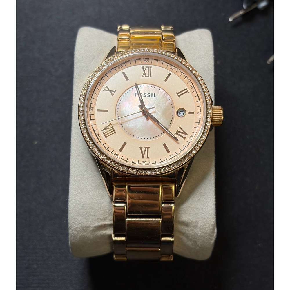 Fossil BQ1108 Wrist Watch Womens OS Gold Mother of Pearl Crystal Roman Numeral